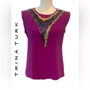 Trina Turk ~ 100% Silk Sequined V-neck Sleeveless Blouse in Magenta ~ Size S